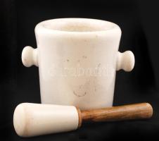 cca 1930 Drasche porcelán patikai, gyógyszerész mozsár, fa nyelű törővel, jó állapotban 20 cm