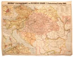 1917 Osztrák-Magyar Monarchia vasúti térképe. Nagyméretű, hajtásoknál kis szakadásokkal / Large railway map of Austria-Hungary 115x90 cm