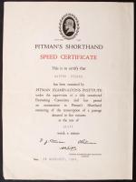 1964 Gyorsírás verseny emléklap, Pitman's Shorthand, London, 38x28cm