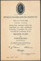 1961 Gépírás vizsga emléklap, Pitman's Examinations Institute, London, 28x19cm