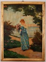 Jánossy jelzéssel: Nő virágcsokorral. Olaj, karton, keretben, 33×23 cm