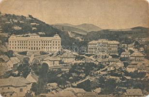 Selmecbánya, Banska Stiavnica; Paláce banskej a lesnickej hornej skola lezajuc v prekrasnou botanickej zahrade; Nakl. Joerges / view with school (worn edges)