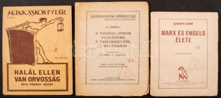 1918-19 vegyes nyomtatvány tétel: A szocializmus fejlődése a tudománytól a valóságig (szakadt), Marx és Engels élete, Halál ellen van orvosság, 3db