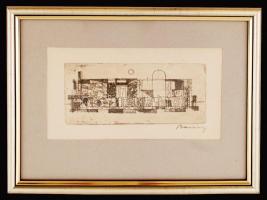Barcsay Jenő (1900-1988): Konstrukció, rézkarc, papír, jelzett, paszpartuban, üvegezett fa keretben, 8×18 cm