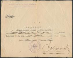 1937 Győr-Moson-Pozsony közigazgatásilag egyelőre egyesített vármegyék testnevelési és népgondozó felügyelősége által kiállított igazolás Károly csapatkereszt viseléséről