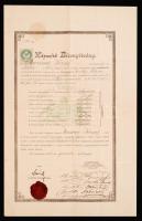 1896 Képesítő Bizonyítvány vasuti forgalmi, távírdai és kereskedelmi szolgálatra, viaszpecséttel, sok aláírással és okmánybélyeggel (50kr.), 43x28cm