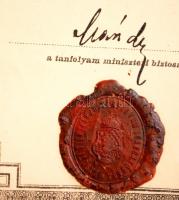 1896 Képesítő Bizonyítvány vasuti forgalmi, távírdai és kereskedelmi szolgálatra, viaszpecséttel, so...