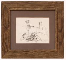 Szász Endre (1926-2003): Illusztráció. Tus, papír, üvegezett keretben, 12×15 cm