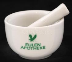 Kisméretű porcelán gyógyszertári törőedény, belül bisquit, "Eulen Apotheke" felirattal, félig bisquit törővel, matricás, jelzés nélkül, d: 6,5 cm (edény), h: 7,5 cm (törő)