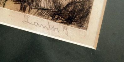 Lantos jelzéssel: Golgota. Rézkarc, papír, üvegezett keretben, 17×23 cm