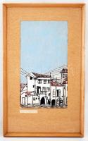 Maris jelzéssel: Mediterrán városrészlet. Vegyes technika, selyem, üvegezett keretben, 41×22 cm
