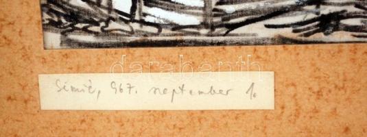 Maris jelzéssel: Mediterrán városrészlet. Vegyes technika, selyem, üvegezett keretben, 41×22 cm