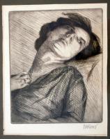 Olvashatatlan jelzéssel: Merengő lány. Rézkarc, papír, üvegezett keretben, 16×13 cm