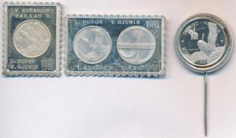 1980. Szovjet-magyar közös űrrepülés Ag ÁPV jelvény (7,89g/0.835/22mm) + 2xklf Ag bélyegérem (3,37g/0.835/22x27,5mm + 4,64g/0.835/37x22,5mm) T:PP ujjlenyomat