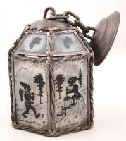 Dekoratív, szüreti motívumokkal díszített ón csillár, villanyvezetékkel, az egyik üveglapon kis repedéssel, m: 29 cm