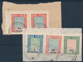 Gyula városi bélyegek 2 okmánydarabon(~7.800)