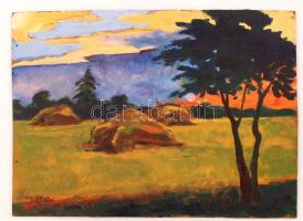 Ács jelzéssel: Szénaboglyák napnyugtakor. Olaj, falemez, 32×44 cm