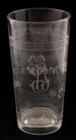 1914 antik homok fújt pohár Török Lina felirattal alján repedés, jelzett (M.F), m:13 cm
