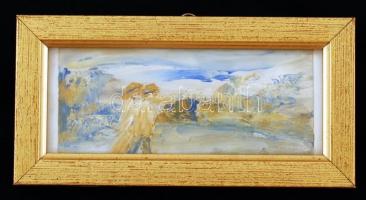 Dézsi Éva (1929-): Romantikus séta. Olaj, karton, jelzett, üvegezett keretben, 5×12 cm