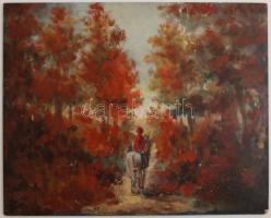 Olvashatatlan jelzéssel: Magányos lovas. Olaj, fa lemez, karcos, 40×50 cm
