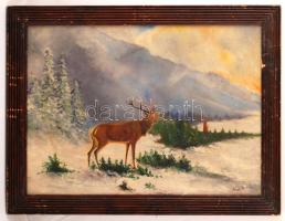 Nagy jelzéssel: Szarvas. Olaj, vászon, sérült vászon, sérült antik keretben, 48×67 cm
