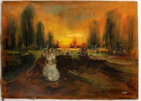 Olvashatatlan jelzéssel: Szerelmes pár. Olaj, vászon, sérült vászon, 52×72 cm