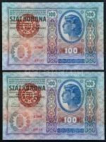 1912. 100K (2x) sorszámkövetők, mindkettő piros "MAGYARORSZÁG" körbélyegzővel T:I,I- Hungary 1912. 100 Korona (2x) sequential serials, both with red "MAGYARORSZÁG" overprint C:UNC,AU