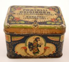 Fratelli Deisinger Tea-különlegességei, Bp., Ferenciek tere 1., illusztrált fémdoboz,12x9x8cm