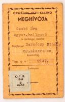 1944 Országos Tiszti Kaszinó meghívója hölgy részére, fényképes igazolvány okmánybélyeggel (5pengő) 10x6cm