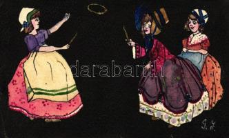 Playful ladies; hand-painted art postcard (slant cut)