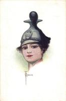 German lady soldier, F. H. & S. W. IX. Nr. H 314. s: O. J. Romann, Német női katona, F. H. & S. W. IX. Nr. H 314. s: O. J. Romann