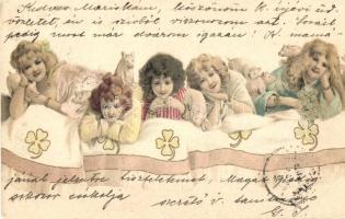 Girls New Year greeting, Art Nouveau litho