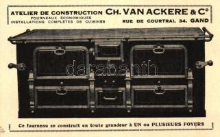 Atelier de construction fourneaux economiques; Ch. Van Ackere & Co. / kitchen furniture shop advertisement (slant sides)