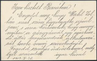 1913 báró Hazai Samu honvédelmi minister névjegykártyája a verzón a saját kezű soraival, 7x11cm