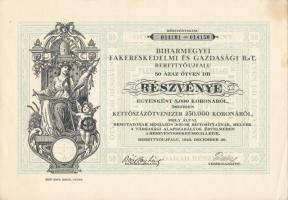 Berettyóújfalu 1923. "Biharmegyei Fakereskedelmi és Gazdasági Részvénytársaság" 50db részvénye egyenként 5000K-ról szelvényekkel T:I-