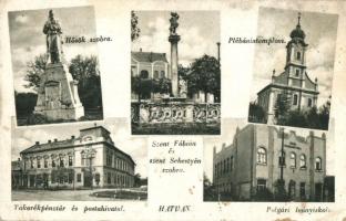 Hatvan, Hősök szobra, Takarékpénztár, Postahivatal, Polgári leányiskola, Szent Fábián és Szent Sebestyén szobra (EB)