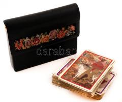 2 pakli szecessziós, jelzett hátlapú Piatnik Vienna kártya tipoen díszítéses bőr tokban, jó állapotban