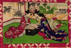 Japanese geishas, folklore, textile postcard (EB)