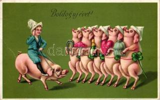 New Year, pigs, humour, mushroom, H&S B. litho (cut)