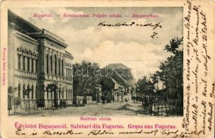 Fogaras, Bethlen utca, Megyeház, Polgári iskola; kiadja Fleissig Jakab / street, county hall, school  (EK)