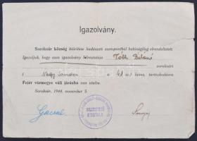 1944 Igazolvány Soroksár község kiürítése hadászati szempontból elrendeltetett így az ig. tulajdonosa Fejér vármegye váli járásba van utalva. Kissé viseltes állapotban, 14x20cm