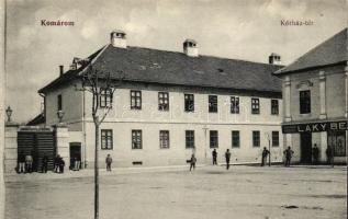 Komárom, Kórház tér, Laky Béla papírírószer kereskedése, Cs. és kir. 18. számú helyőrségikórház; kiadja Laky Béla / square, shop, K.u.K. military hospital (Rb)