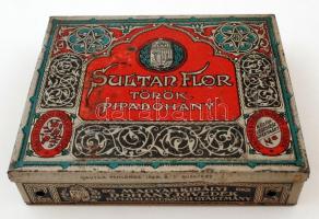 cca 1910 Sultan Flor török pipadohány fém doboz, 11x13cm/ Flor Sultan Turkish pipe tobacco metal box, 11x13cm