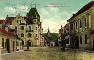 Brezice, Rann a. d. Save; Strassenpartie, Deutschen Heim / street, German house, Hotel (fa)