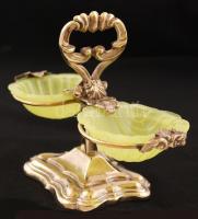 Díszes alpakka fűszertartó, kagylót formázó üveg betéttel, m: 11 cm