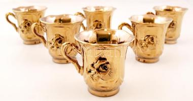 Aranymázas, rózsákkal díszített porcelán csészekészlet, 6 db, hibátlan,, m: 9,5 cm, d: 9 cm