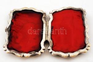 Díszes régi névjegykártya-tartó, alpakka vázon, gyöngyház fedéllel, az egyik fedélen városképes ezüs...