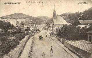 Selmecbánya, Alsó utca, templom, fűrész telep; kiadja Grohmann / street, church, saw mill (Rb)