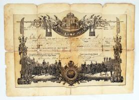 1881 Veszprém, Közhuszár számára kiállított katonai végelbocsátó levél, szakadt / military dismissal letter