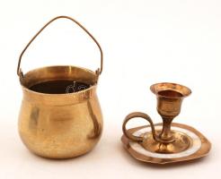 Réz kisüst, d: 5,5 cm + kisméretű, gyöngyház berakásos réz gyertyatartó, m: 5 cm